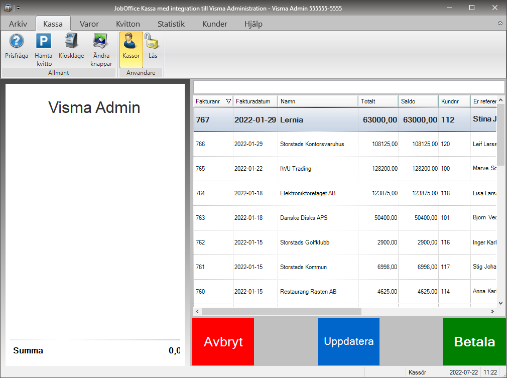 Betala en kundfaktura i JobOffice Kassasystem med integration till Visma Administation