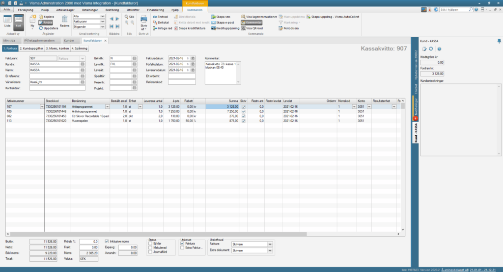 Automatisk bokföring och lageruppdatering med JobOffice Kassasystem och integration till Visma Administation