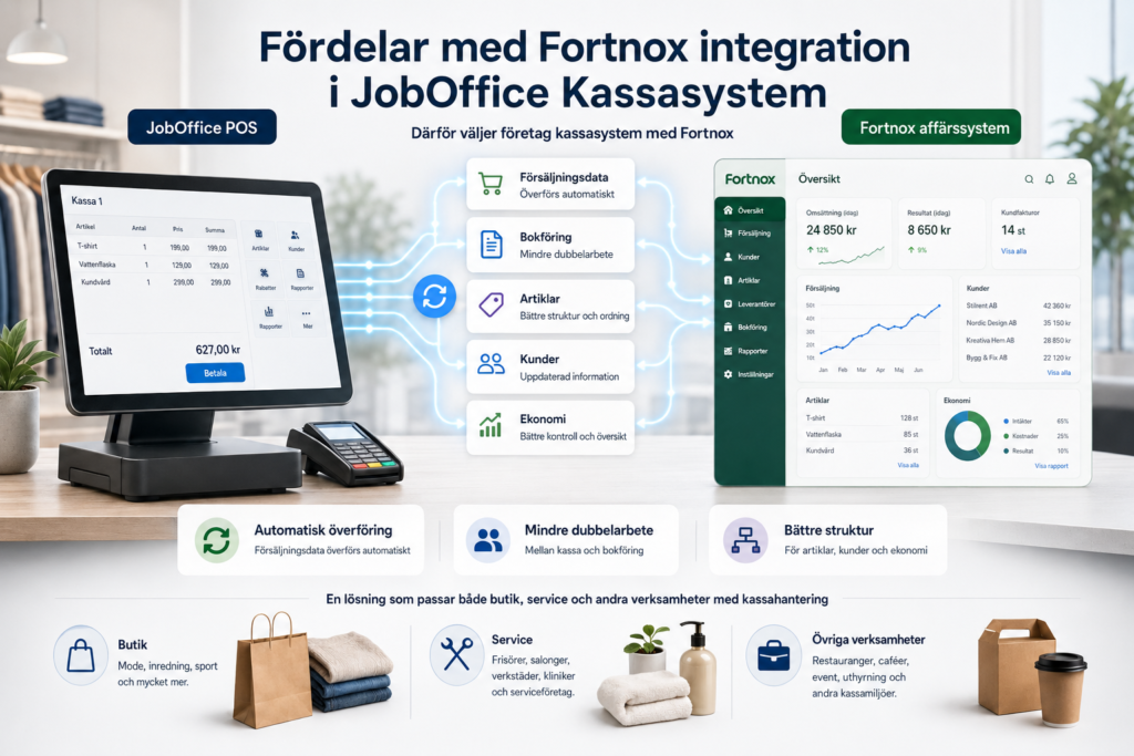 Funktioner i JobOffice kassasystem med Fortnox